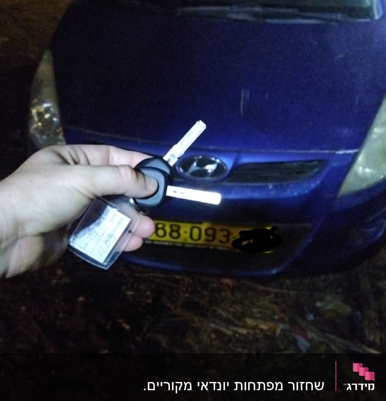 מפתח רכב מוחזק מול מכונית כחולה